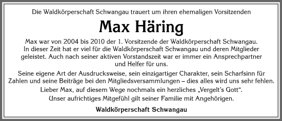 Traueranzeige von Maximilian Häring von Allgäuer Zeitung, Füssen