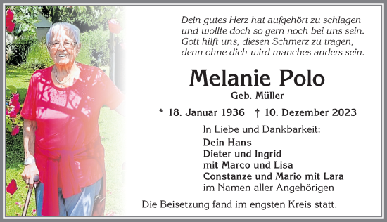 Traueranzeige von Melanie Polo von Allgäuer Zeitung,Kempten