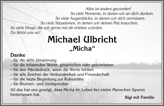 Traueranzeige von Michael Ulbricht von Allgäuer Zeitung,Kempten