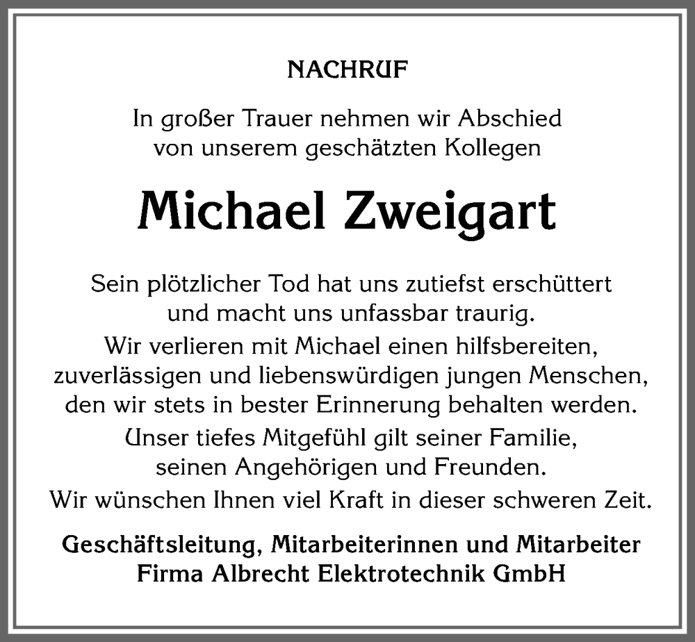  Traueranzeige für Michael Zweigart vom 26.01.2024 aus Allgäuer Anzeigeblatt