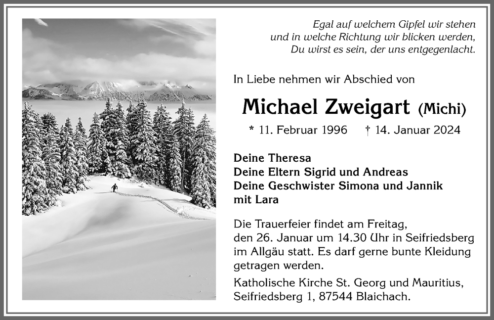  Traueranzeige für Michael Zweigart vom 20.01.2024 aus Allgäuer Anzeigeblatt