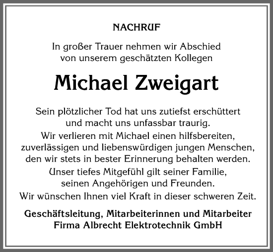 Traueranzeige von Michael Zweigart von Allgäuer Anzeigeblatt