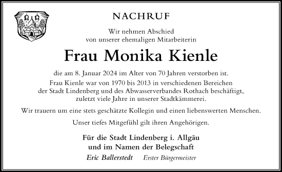 Traueranzeige von Monika Kienle von Der Westallgäuer