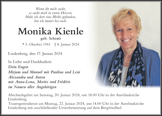 Traueranzeige von Monika Kienle von Der Westallgäuer