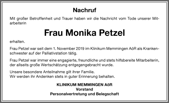 Traueranzeige von Monika Petzel von Memminger Zeitung