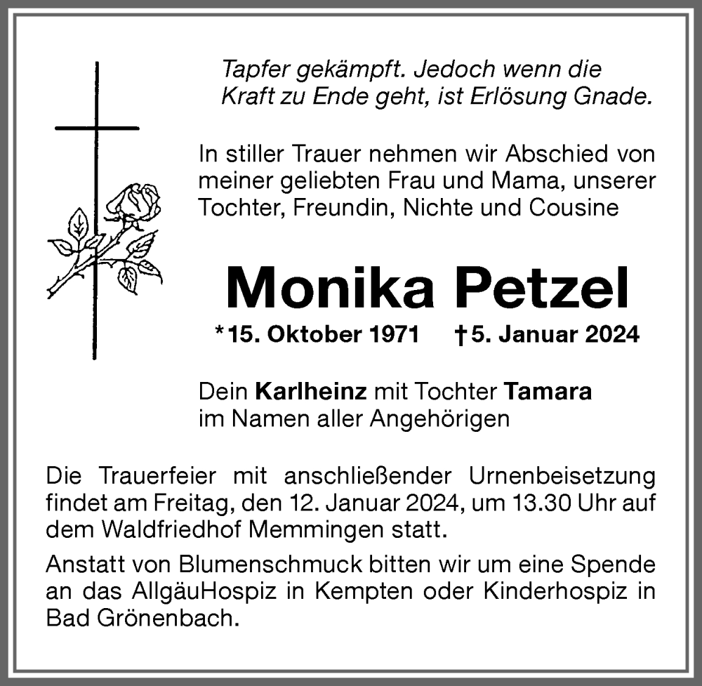  Traueranzeige für Monika Petzel vom 10.01.2024 aus Memminger Zeitung