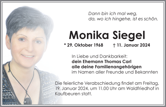 Traueranzeige von Monika Siegel von Allgäuer Zeitung, Kaufbeuren/Buchloe