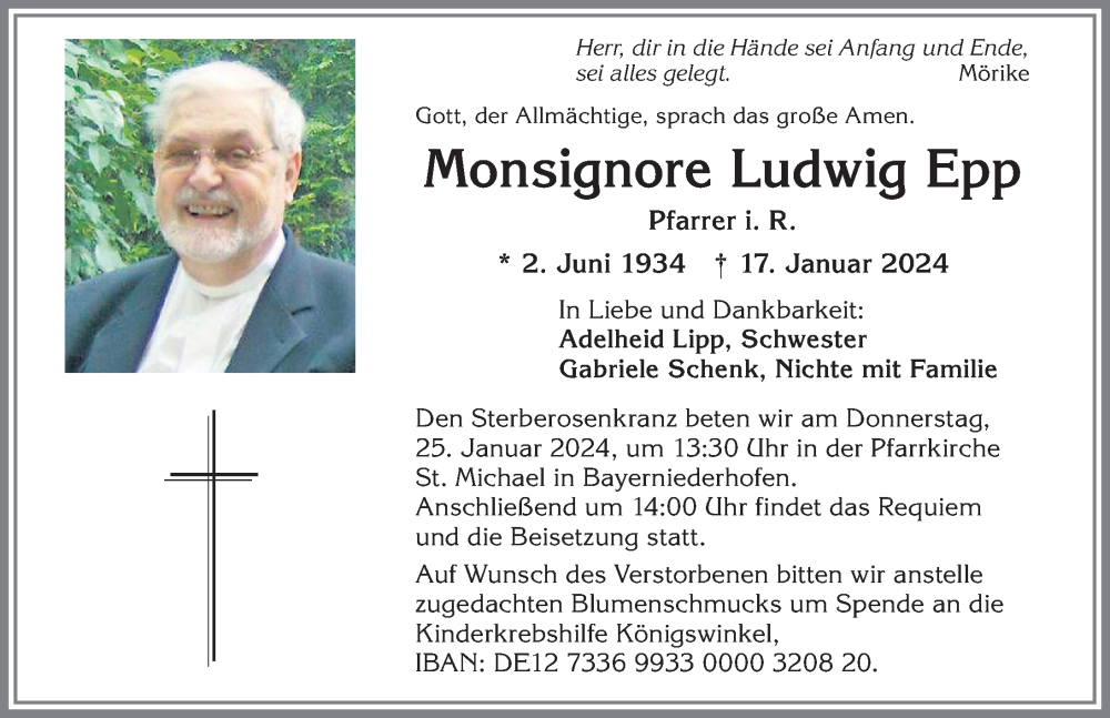  Traueranzeige für Monsignore Ludwig Epp vom 22.01.2024 aus Allgäuer Zeitung, Füssen