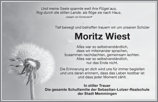Traueranzeige von Moritz Wiest von Memminger Zeitung