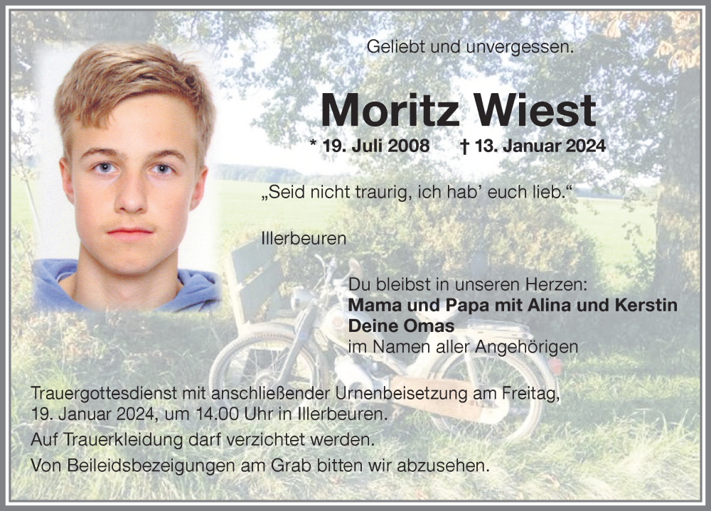  Traueranzeige für Moritz Wiest vom 17.01.2024 aus Memminger Zeitung