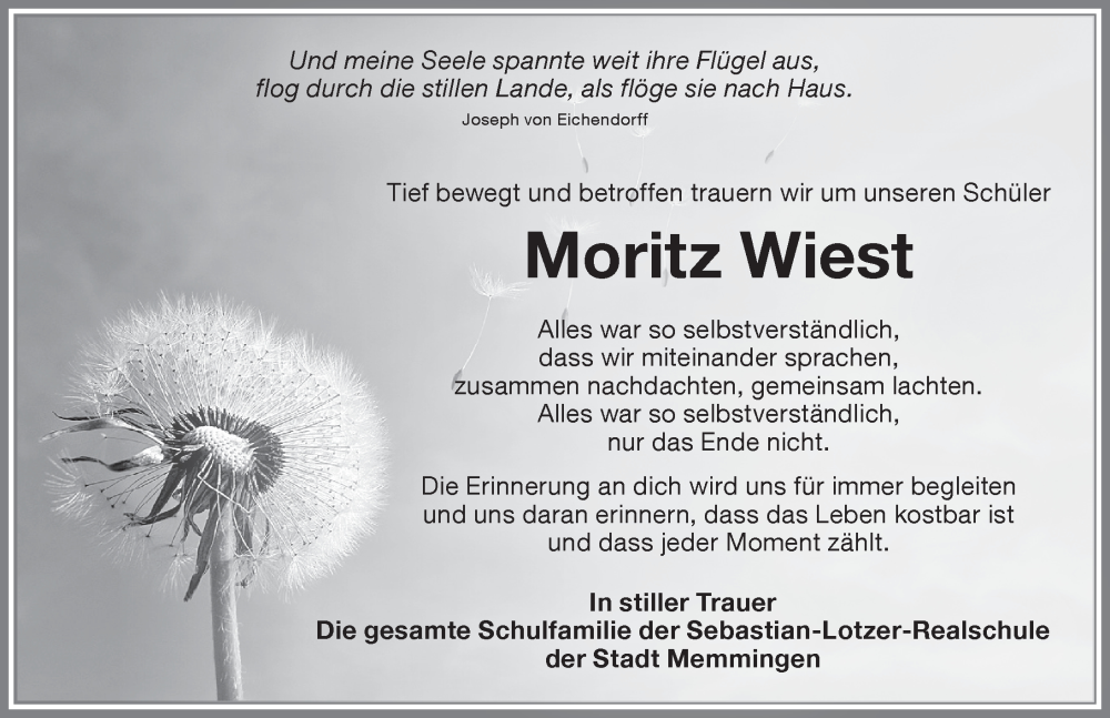  Traueranzeige für Moritz Wiest vom 20.01.2024 aus Memminger Zeitung