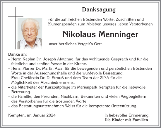 Traueranzeige von Nikolaus Menninger von Allgäuer Zeitung,Kempten