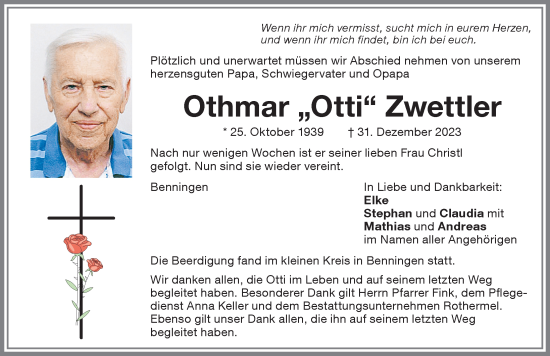 Traueranzeige von Othmar Zwettler von Memminger Zeitung