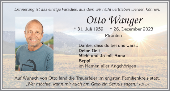 Traueranzeige von Otto Wanger von Allgäuer Zeitung, Füssen