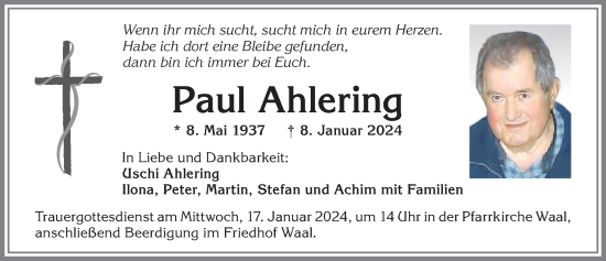 Traueranzeige von Paul Ahlering von Allgäuer Zeitung, Kaufbeuren/Buchloe