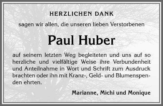 Traueranzeige von Paul Huber von Allgäuer Zeitung,Kempten