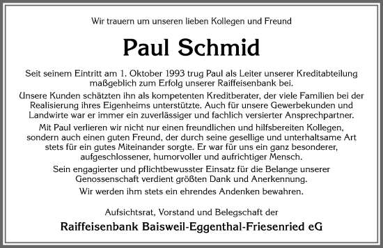 Traueranzeige von Paul Schmid von Allgäuer Zeitung, Kaufbeuren/Buchloe