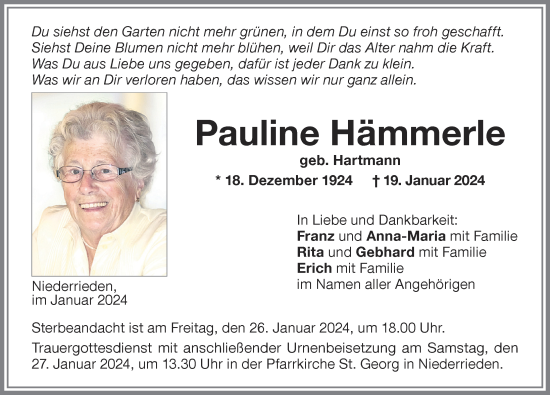 Traueranzeige von Pauline Hämmerle von Memminger Zeitung
