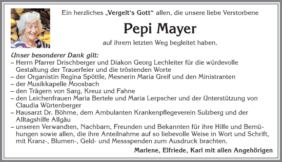 Traueranzeige von Pepi Mayer von Allgäuer Zeitung,Kempten
