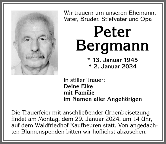 Traueranzeige von Peter Bergmann von Allgäuer Zeitung, Kaufbeuren/Buchloe