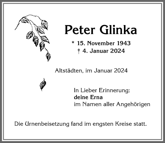 Traueranzeige von Peter Glinka von Allgäuer Anzeigeblatt