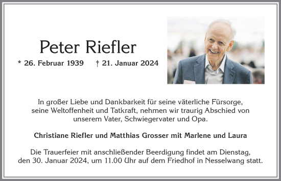 Traueranzeige von Peter Riefler von Allgäuer Zeitung, Füssen