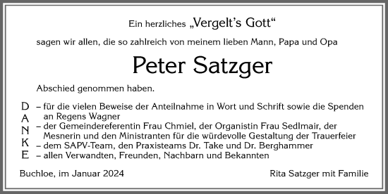 Traueranzeige von Peter Satzger von Allgäuer Zeitung, Kaufbeuren/Buchloe