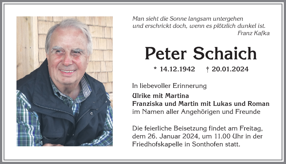  Traueranzeige für Peter Schaich vom 23.01.2024 aus Allgäuer Anzeigeblatt