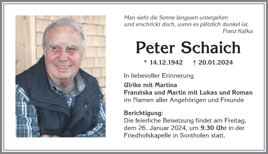 Traueranzeige von Peter Schaich von Allgäuer Anzeigeblatt