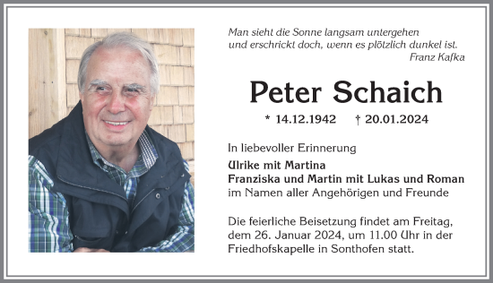 Traueranzeige von Peter Schaich von Allgäuer Anzeigeblatt