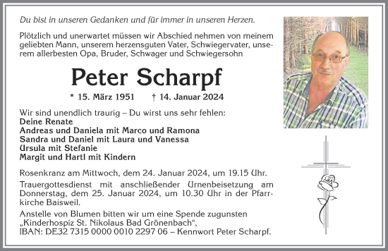 Traueranzeige von Peter Scharpf von Allgäuer Zeitung, Kaufbeuren/Buchloe