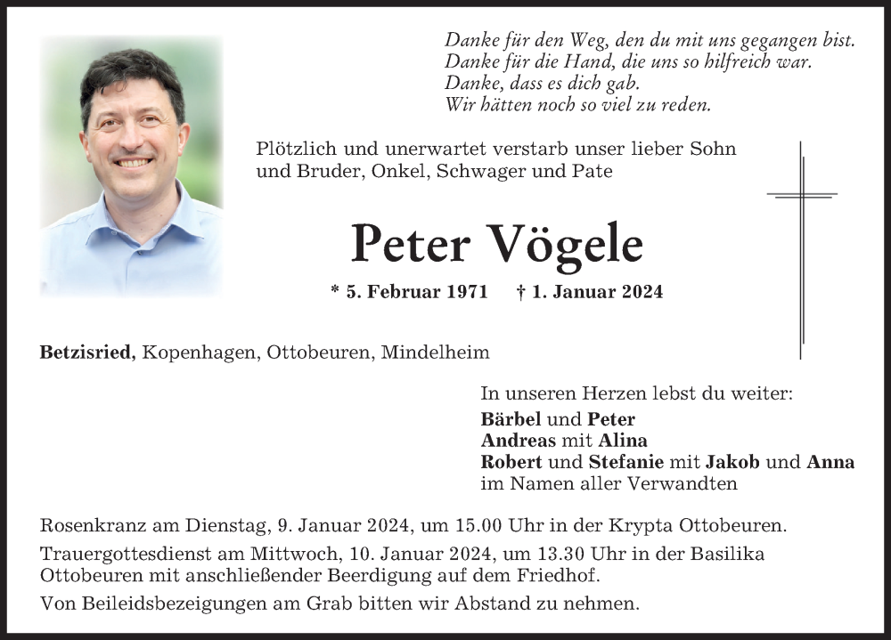  Traueranzeige für Peter Vögele vom 05.01.2024 aus Memminger Zeitung