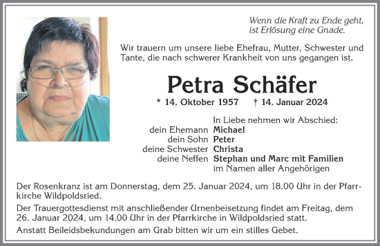 Traueranzeige von Petra Schäfer von Allgäuer Zeitung,Kempten