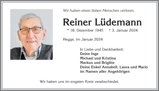 Traueranzeige von Reiner Lüdemann von Allgäuer Zeitung,Kempten