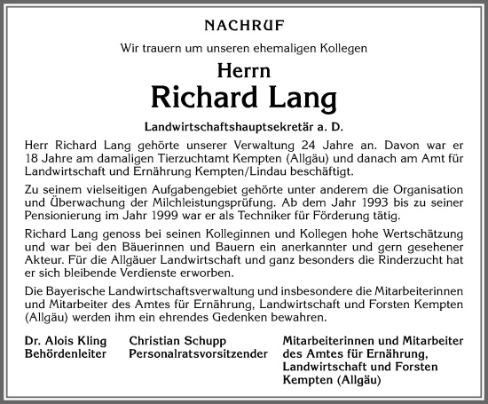 Traueranzeige von Richard Lang von Allgäuer Zeitung,Kempten