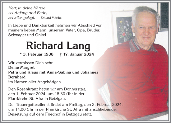 Traueranzeige von Richard Lang von Allgäuer Zeitung,Kempten