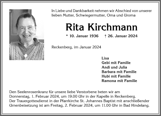 Traueranzeige von Rita Kirchmann von Allgäuer Anzeigeblatt
