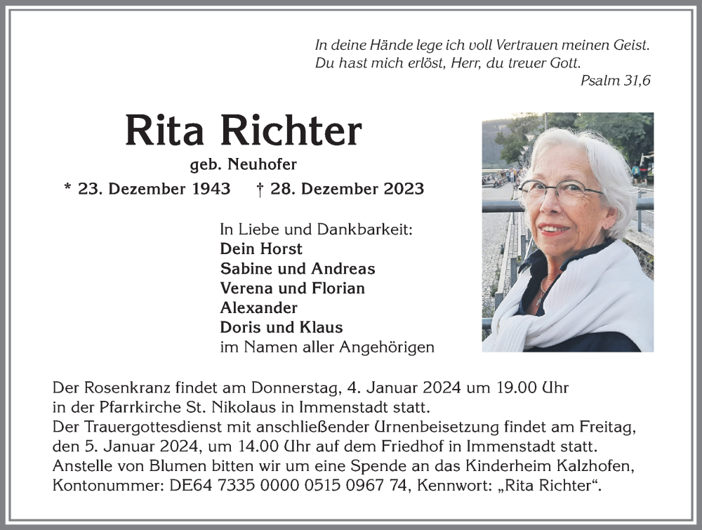  Traueranzeige für Rita Richter vom 03.01.2024 aus Allgäuer Anzeigeblatt
