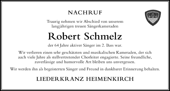 Traueranzeige von Robert Schmelz von Der Westallgäuer
