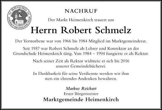 Traueranzeige von Robert Schmelz von Der Westallgäuer