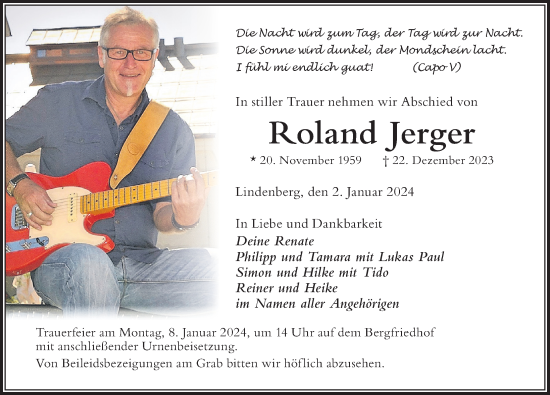 Traueranzeige von Roland Jerger von Der Westallgäuer