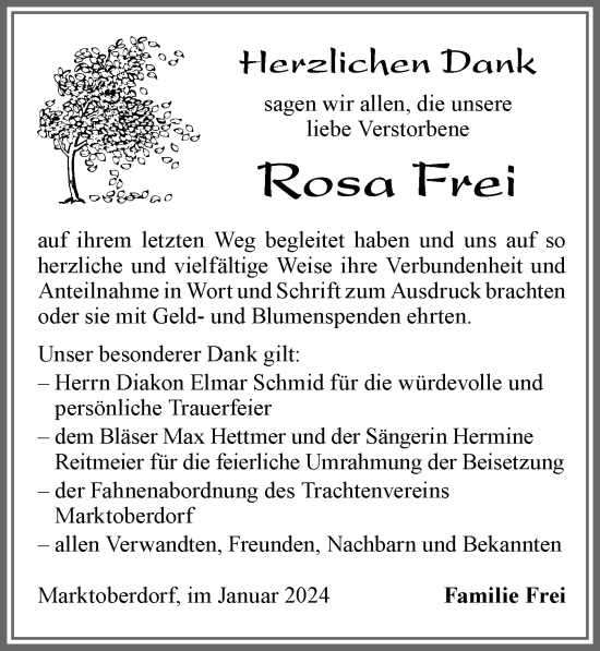 Traueranzeige von Rosa Frei von Allgäuer Zeitung, Marktoberdorf