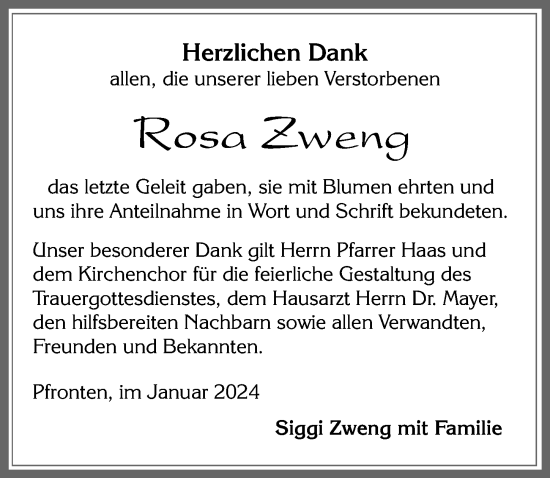 Traueranzeige von Rosa Zweng von Allgäuer Zeitung, Füssen