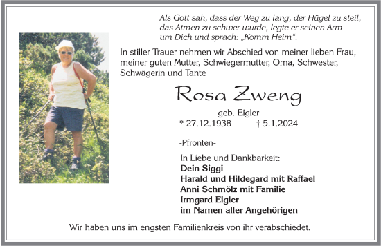 Traueranzeige von Rosa Zweng von Allgäuer Zeitung, Füssen
