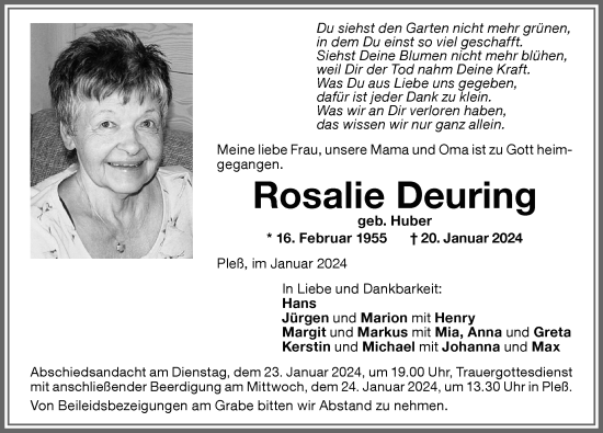 Traueranzeige von Rosalie Deuring von Memminger Zeitung