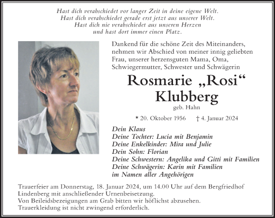Traueranzeige von Rosmarie Klubberg von Der Westallgäuer