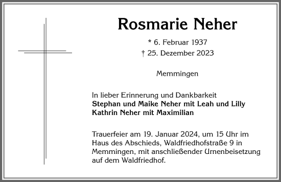 Traueranzeige von Rosmarie Neher von Memminger Zeitung