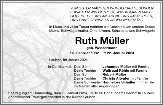 Traueranzeige von Ruth Müller von Memminger Zeitung