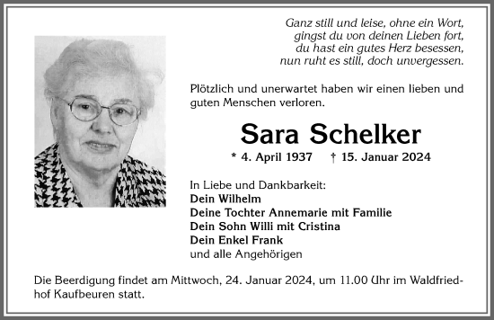 Traueranzeige von Sara Schelker von Allgäuer Zeitung, Kaufbeuren/Buchloe