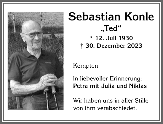 Traueranzeige von Sebastian Konle von Allgäuer Zeitung,Kempten